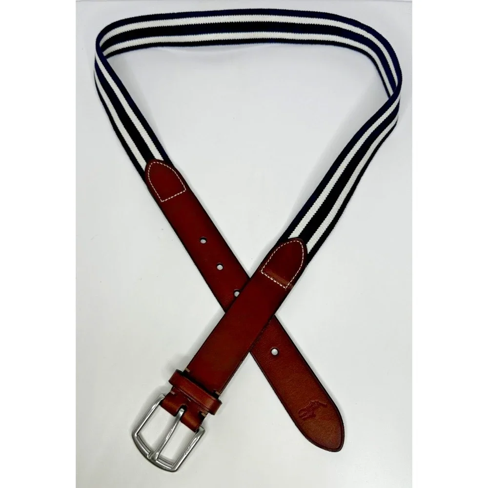 Polo Ralph Lauren Belt Sz 36 Blue White Striped Brown Leather Horse Preppy